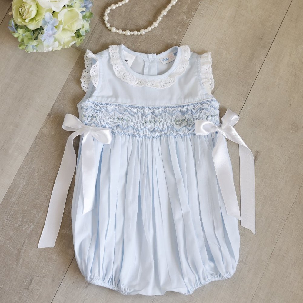 Blue Smocked Romper Hand Embroidery Girl's Size 9 Month Boutique